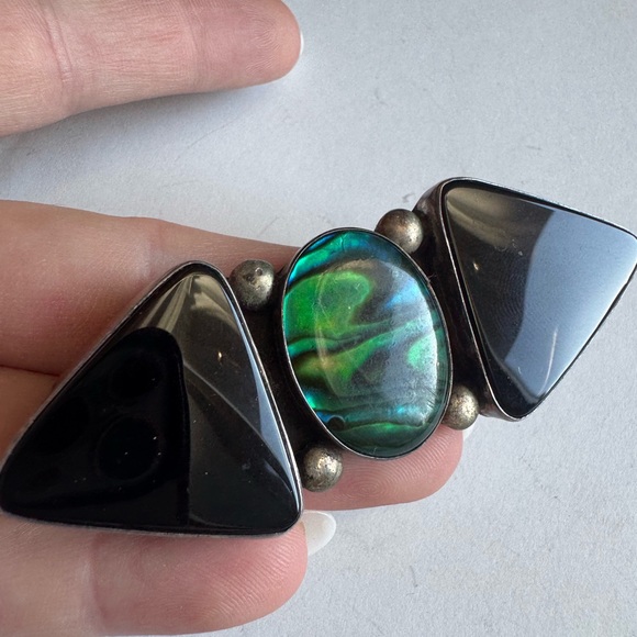 Elegant Sterling Silver Black Onyx and Green Abalone Pin brooch 22.9g - Picture 15 of 15